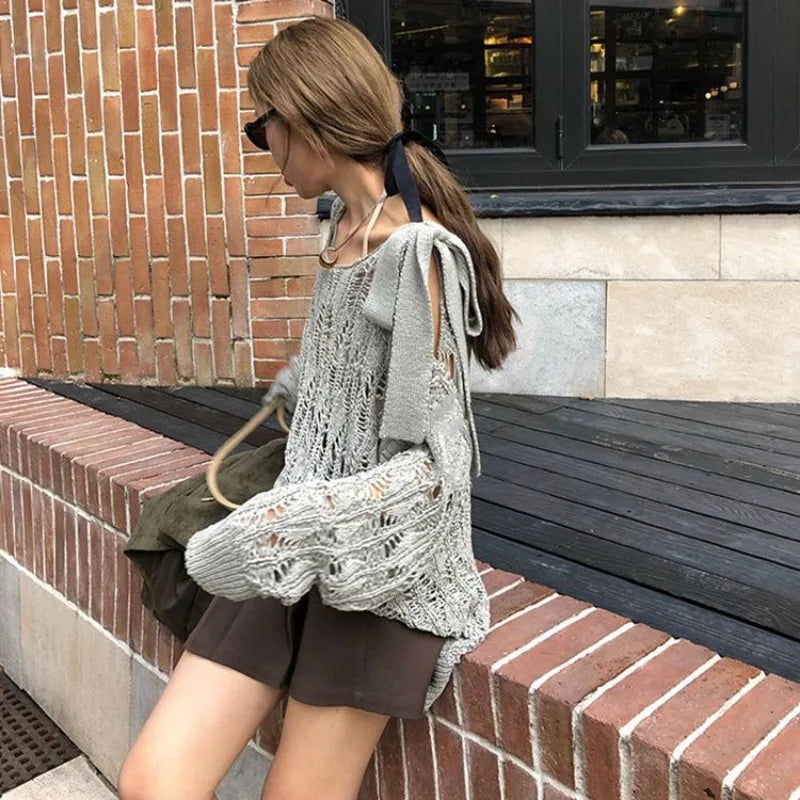 LIZAKOSHT  -  Coquette Y2k Women's Sweater Hollow out Knitwear Spring Oversize Knit Off The Shoulder Pullovers Streetwear Vintage