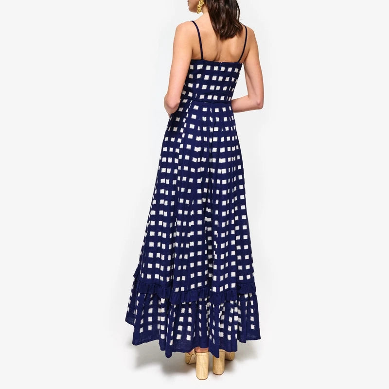 LIZAKOSHT  -  Boho Beach Vintage Plaid A-line Dress Checkerboard Print Ruffles Trim Flowy Dress Women Spaghetti Strap Maxi Dress