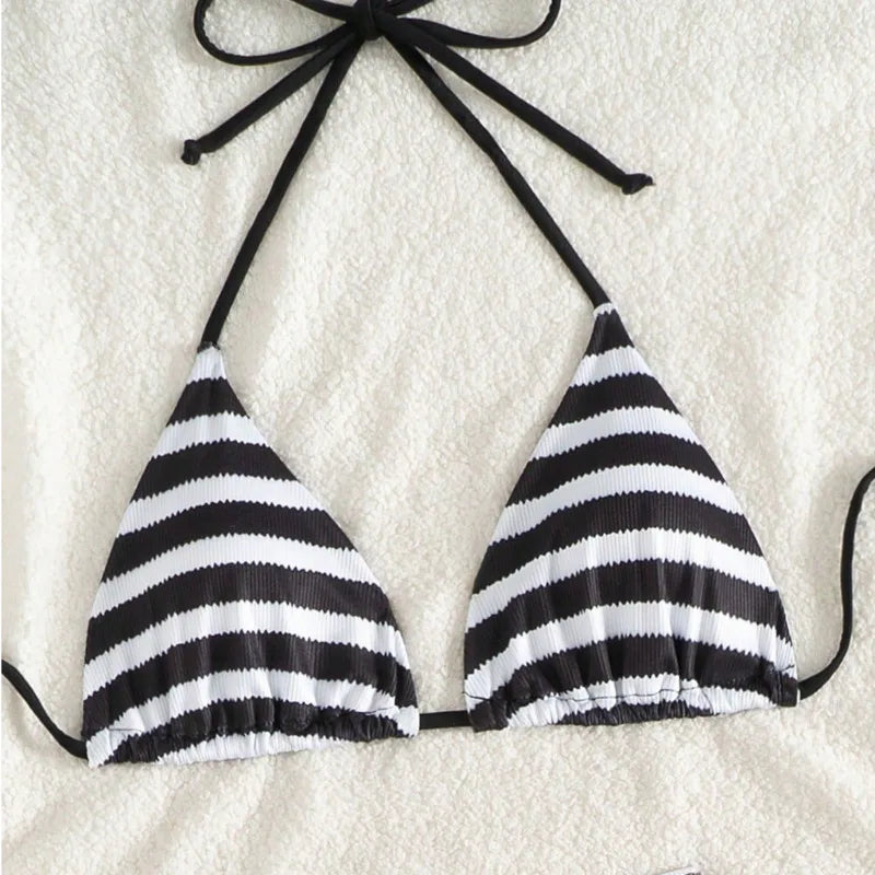 LIZAKOSHT  -  New Shorts Three-Piece Black White Striped Bikini Set Women Summer Swimming Wading Sports Sexy Backless Lace Up Style Swimwear