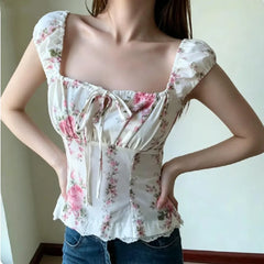 LIZAKOSHT  -  Sexy Pink Floral Print Bow Collar Elastic Strap Tank Top Slim Corset Women Lacing up Sashes Back Lace Hem Side Zipper Crop Vest