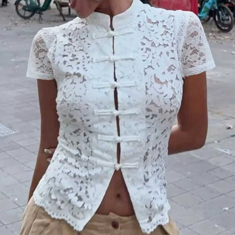 LIZAKOSHT  -  Y2k Lace Hollow Out Shirts Cardigan Women's Short Sleeve See-Through Patchwork Commute Top Female Summer Lace Blouses