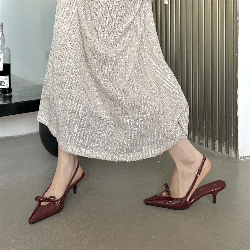 LIZAKOSHT  -  Patent Leather Bow Sandals Women Pumps Pointed Toe Low Heel Slingback Shoe Ladies Shallow Fashion Elegant High Heels Dress Shoes