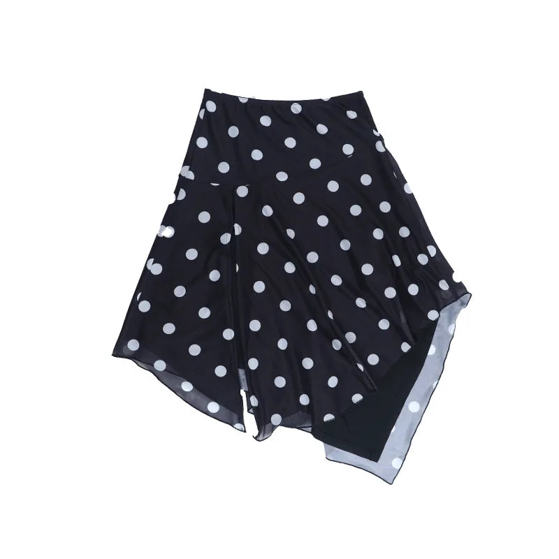 LIZAKOSHT  -  Polka Dot Printed Irregular Split Women Skirt Black High Waist Ruffles Slim Long Skirt Female Spring Casual Streetwear