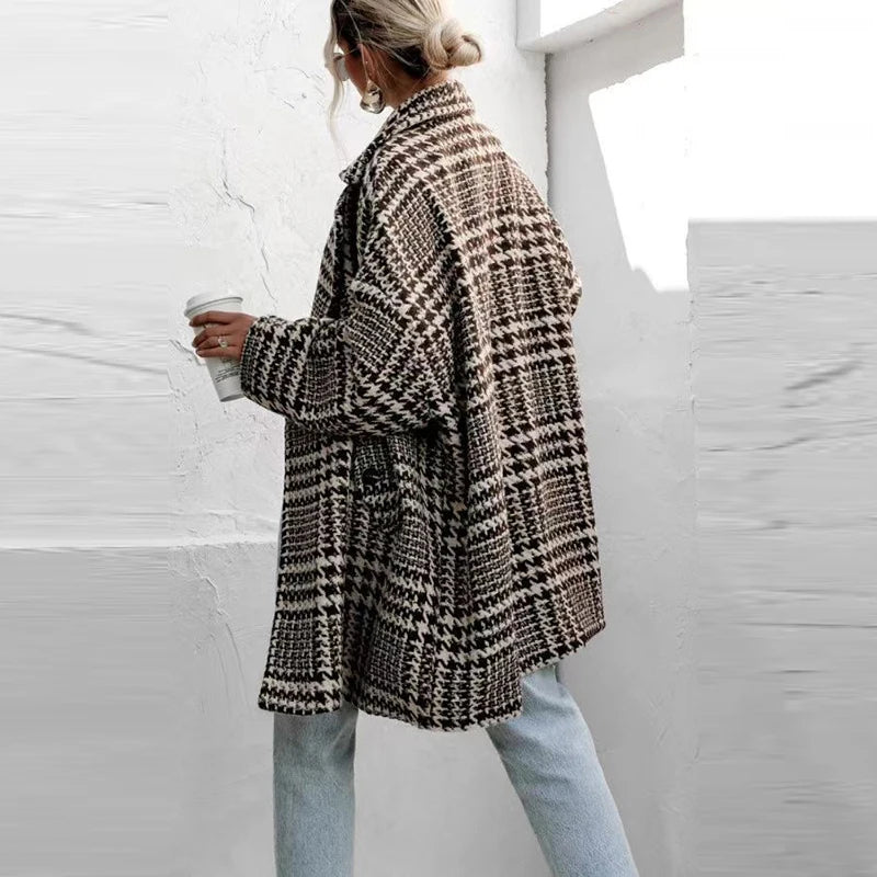 LIZAKOSHT  -  Elegant Turn-down Collar Woolen Jacket Women Coat Fall Double Breasted Commuter Top Cardigan Winter Houndstooth Print Outerwears