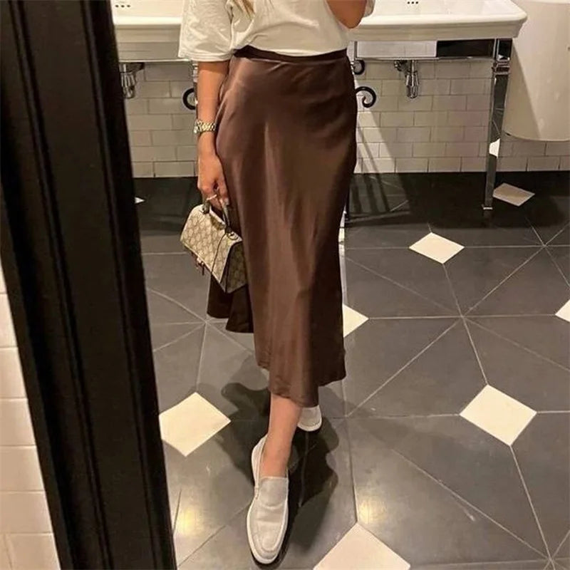 LIZAKOSHT  -  Satin Skirt Women Summer Clothes Solid Color High Waist Bodycon Midi Skirts Elegant Evening Party Skirts Streetwear