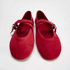 LIZAKOSHT  -  Red Velvet Upper Round Head Flat Shoes Women Metal Buckle Shallow Mouth Sandals New Leisure Countryside Fashion for Woman