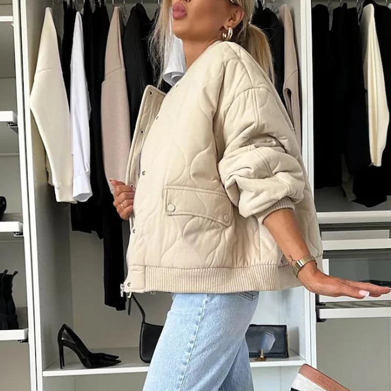 LIZAKOSHT  -  Lady Elegant Warm Pocket Down Coat Casual O Neck Single Breasted Cotton Jacket Fall Winter Long Sleeved Solid Loose Outwear
