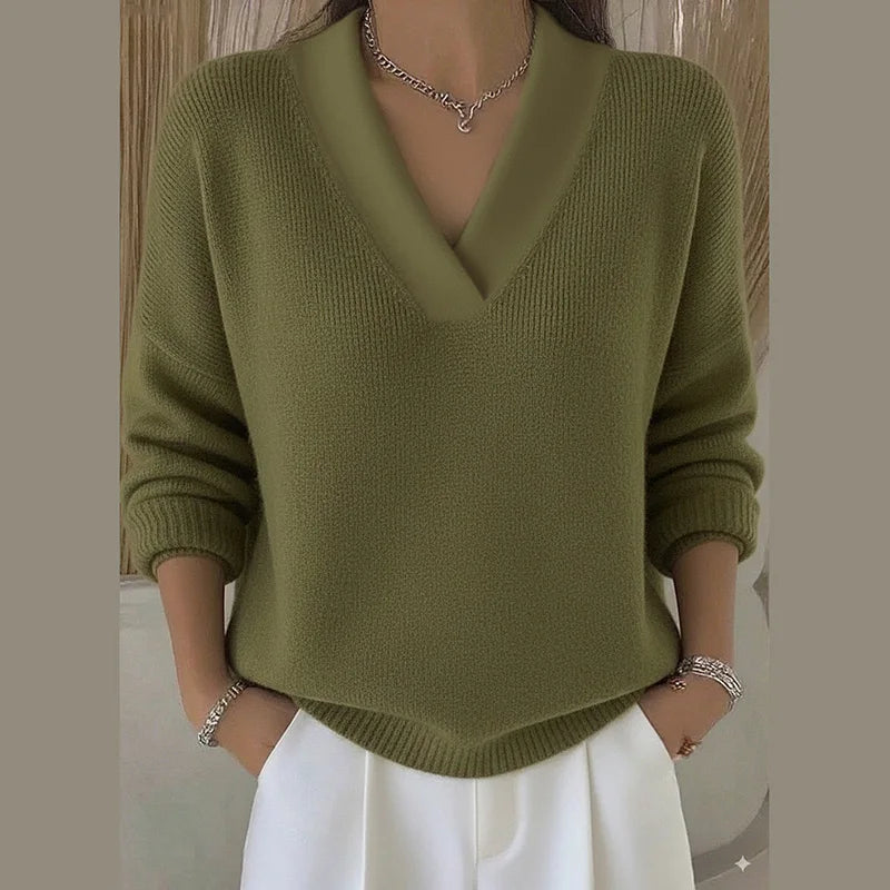 LIZAKOSHT  -  Deep V Neck Knit Sweater Women Long Sleeve Cuff Hem Ribbed Fuzzy Solid Casual Pullover Jumper Autumn Fashion Casual Tops