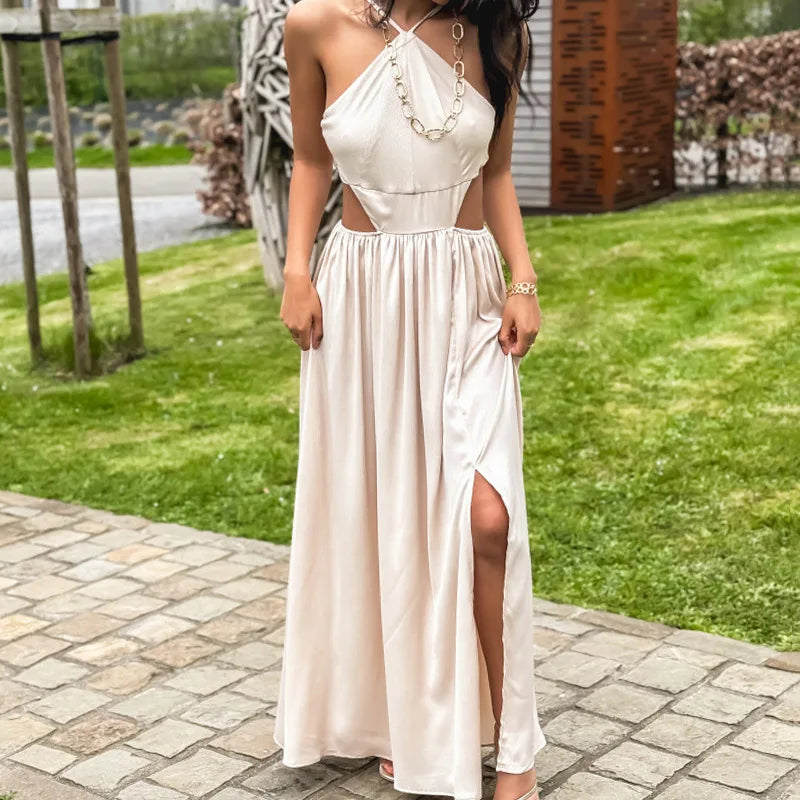 LIZAKOSHT  -  Women Spring High Slit A-line Dress Elegant Off Shoulder Halter Party Dress Lady Elegant Hollow Waisted Evening Slim Dress 2025