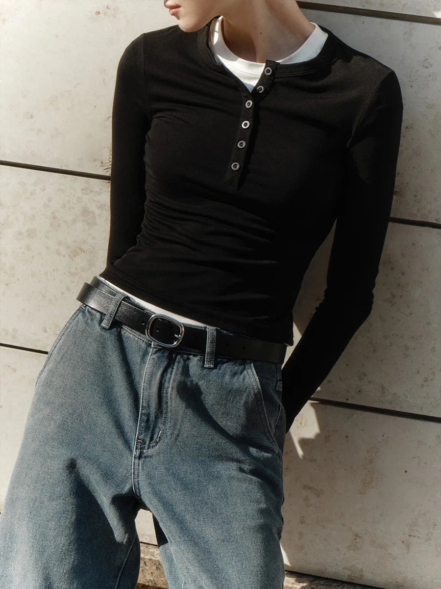 LIZAKOSHT  -  Spring Casual Patchwork T-shirt Pullover For Women Long Sleeve High Waist Inner Slim Y2k Top Clothes Female Solid Tee Top