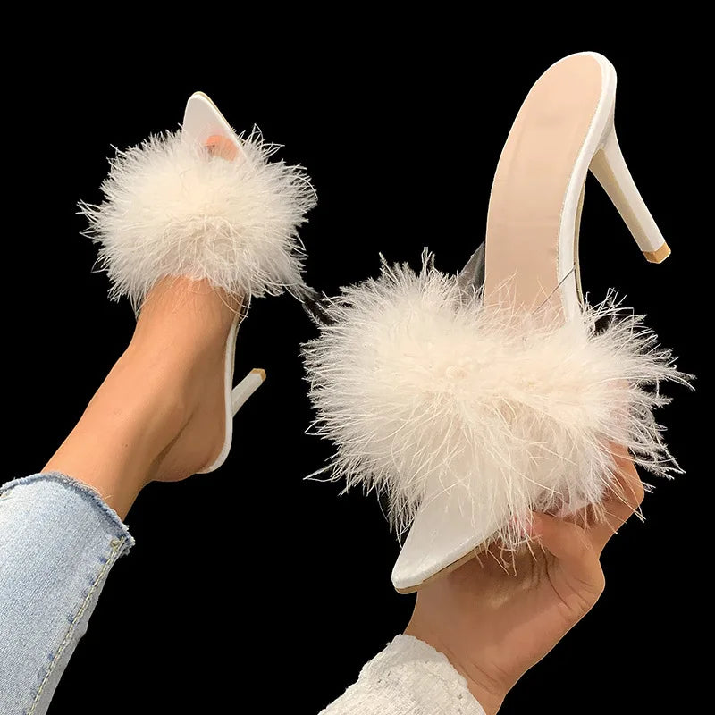 LIZAKOSHT  -  41-43 big size fur sandals high heels transparent slippers women brand designer feather sandalias mujer pointy open toe slides