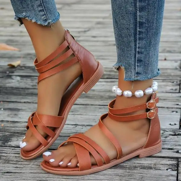 LIZAKOSHT  -  Cross Low Sandals Woman Leather Suit Female Beige Large Size Round Toe Shoes 2025 Summer Low-heeled Black Closed Fashion Big Bea