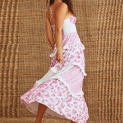 LIZAKOSHT  -  Women Floral Flowy Maxi Dress Boho Y2K Long Dress Spaghetti Strap V Neck Low Cut Ruffle Frill Tiered Beach Sundress