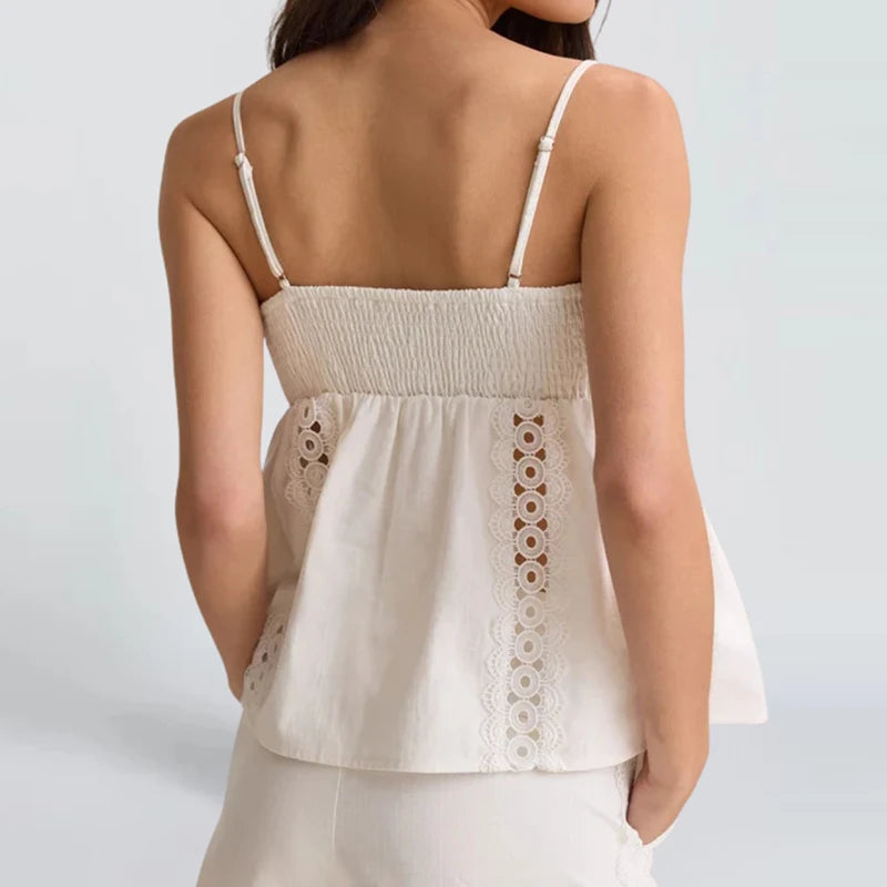 LIZAKOSHT  -  Casual Sleeveless Lace Embroidered Solid Outfits Women Elegant Sleeveless Hollow Sets Sexy Off Shoulder Sling Top & Short Suits