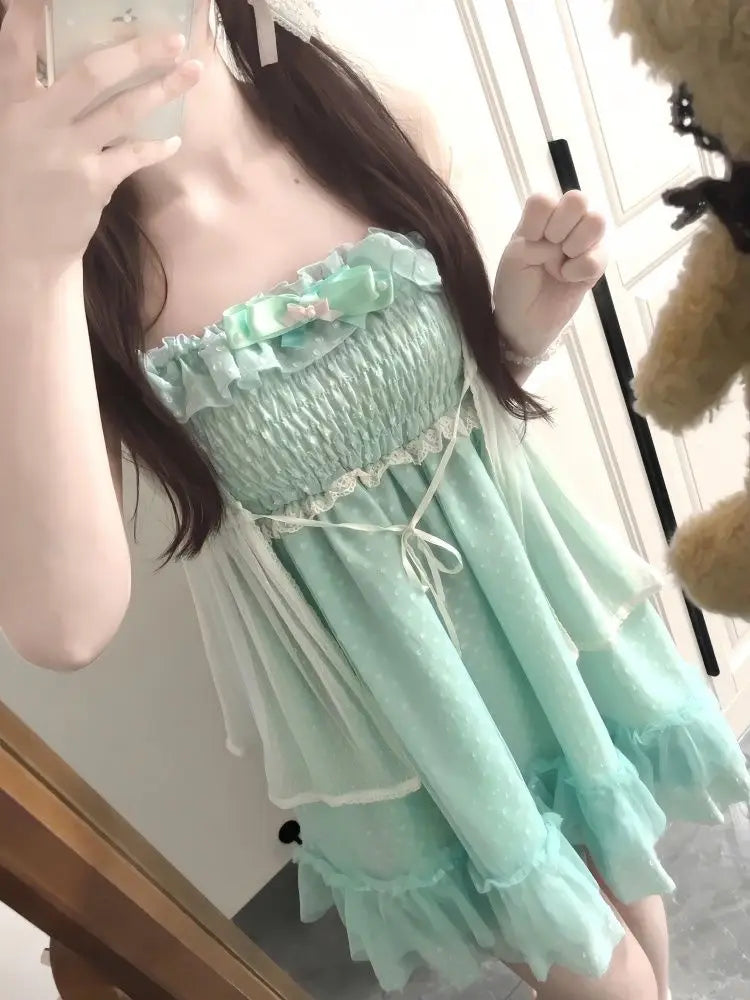 LIZAKOSHT  -  Summer Sweet Loose Dress Set Women Design Elegant Bow Sling Lace Dresses Female Fashion Sleeveless Kawaii Lolita Outfits
