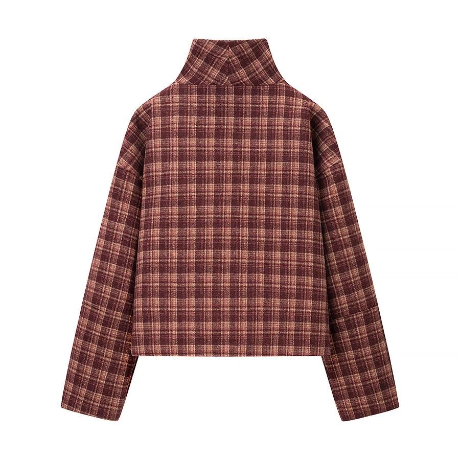 LIZAKOSHT  -  Autumn And Winter Retro Stand Collar Single-Breasted Plaid Jacket Women Outerwear