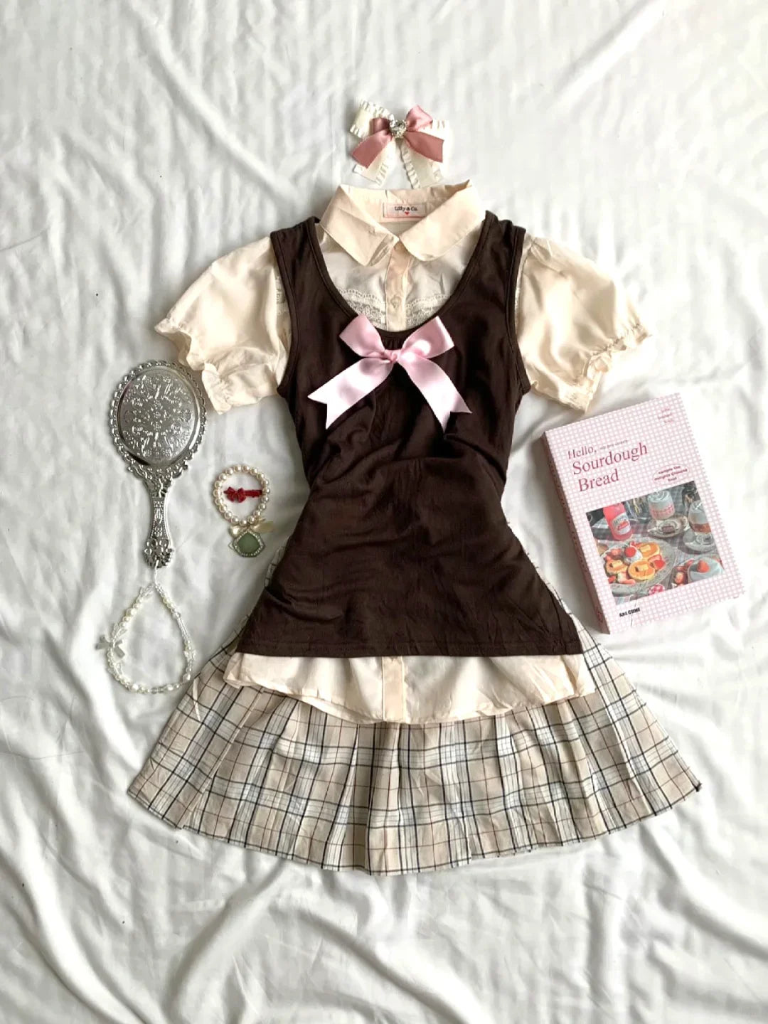 LIZAKOSHT  -  Japanese Casual Retro Slim 3-piece Set Women's Fashion Vintage Bow Puff Sleeve T-Shirts Female High-waist Plaid Short Skirt Suit