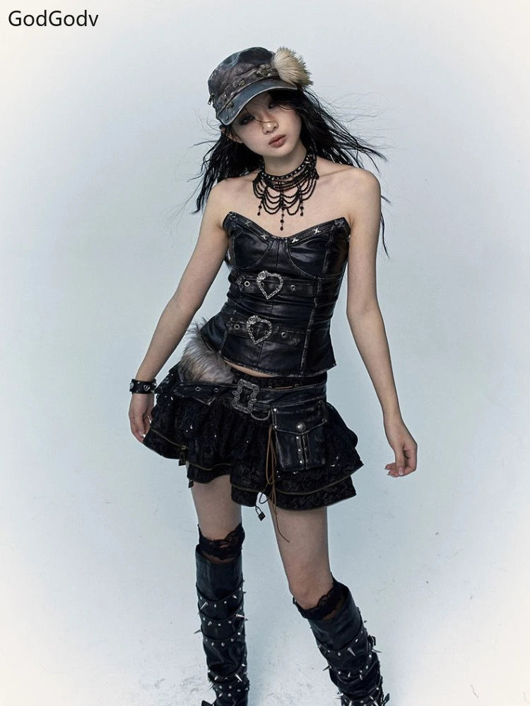 LIZAKOSHT  -  Spring Gothic Vintage Skinny Dark Punk 2 Piece Sets Women Hot Girl Y2k Slim Tops +Ruffle Design Mini Skirt Female Chic Outfits