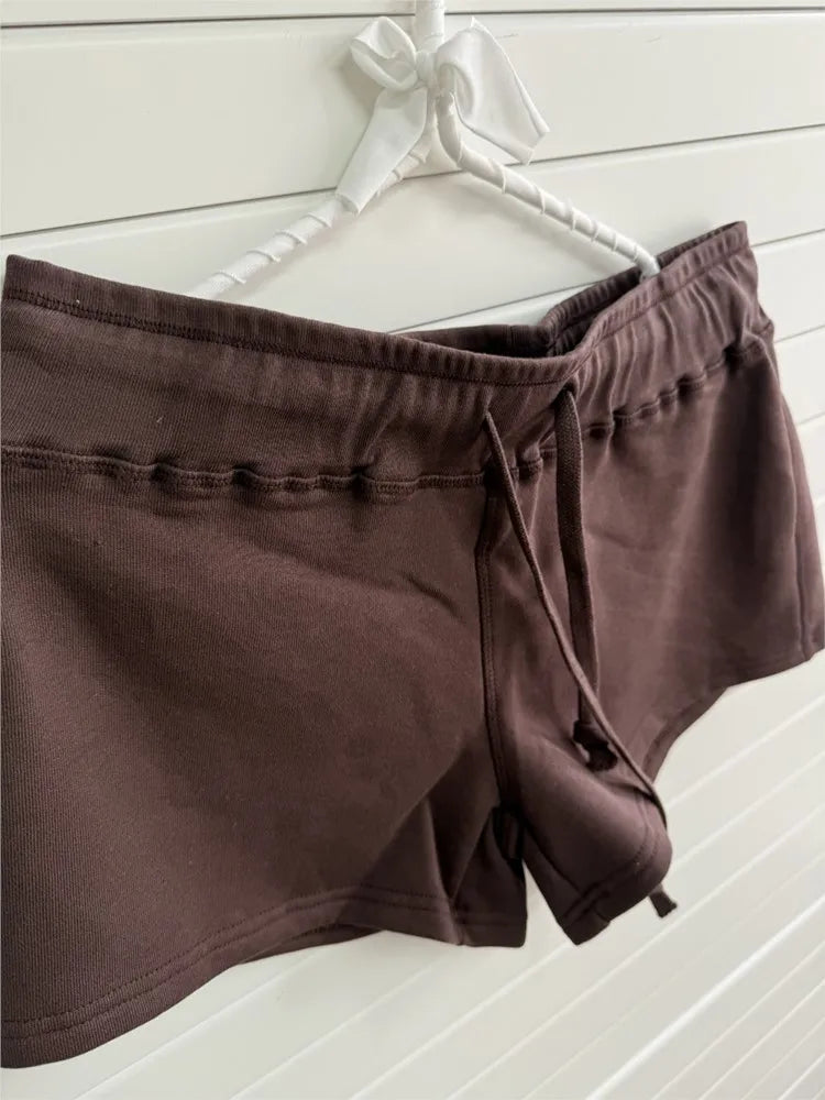 LIZAKOSHT  -   Brown Cotton Drawstring Short Pants Women Summer Simple Basic Straight-leg Shorts Sweet Preppy Style Sport Sweatshorts Y2K