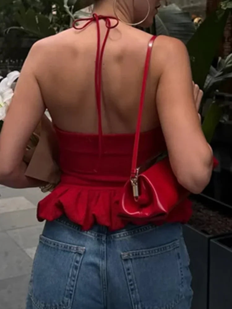 LIZAKOSHT  -  Red Halter Backless Ruffle Crop Top Women Ruched Bust Frill Hem Slim Fit Summer Casual Y2K Sleeveless Camisole for Beach Date