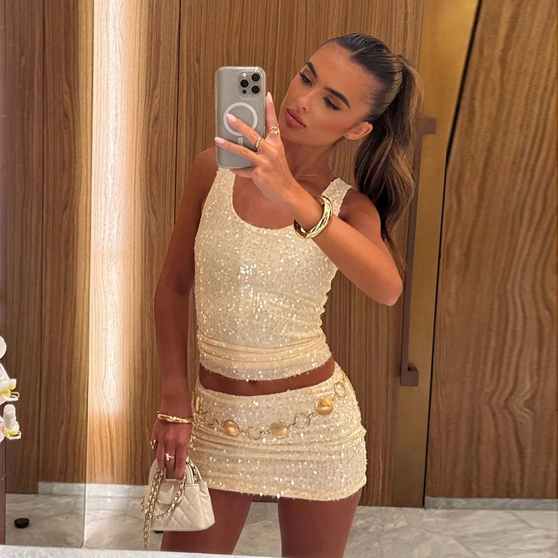 LIZAKOSHT  -  Fashion Women's Two Piece Suit Sequined O-neck Sleeveless Slim Top A-line Mini Skirt 2025 Summer Elegant Female Casual Outfits