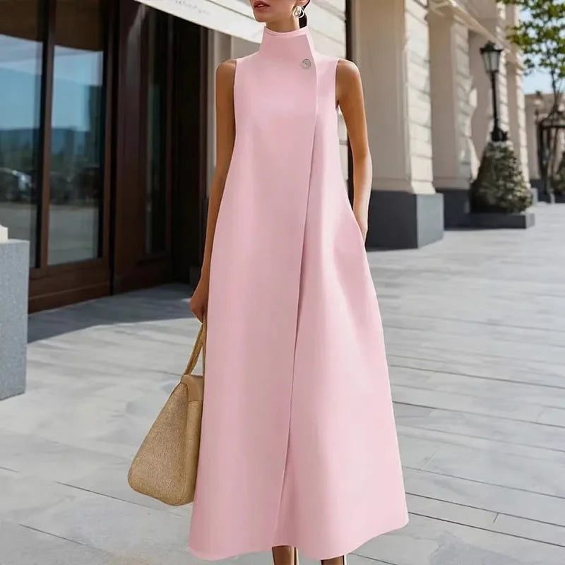 LIZAKOSHT  -  Fashion Stand Collar Pocket Commuter Vest Dress Sexy Sleeveless High Waist Long Dress Lady Elegant One Button Design Party Dress