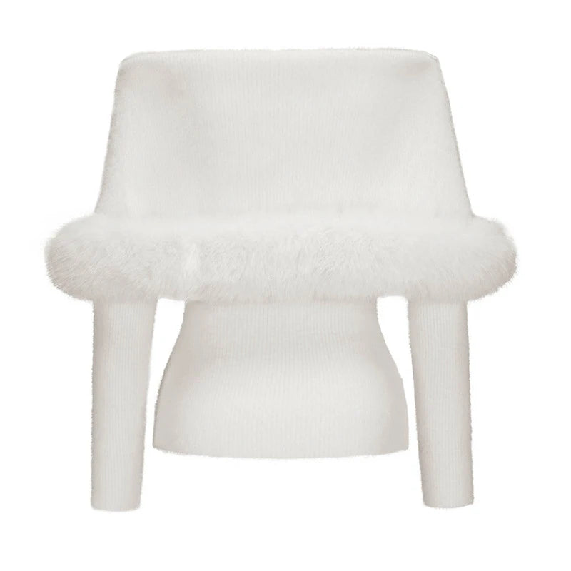 LIZAKOSHT  -  Knit Mini Skirts Pullover Sets Women Off Shoulder Long Sleeves Slim Patchwork Faux Fur Suits Female Chic New Solid Outfits