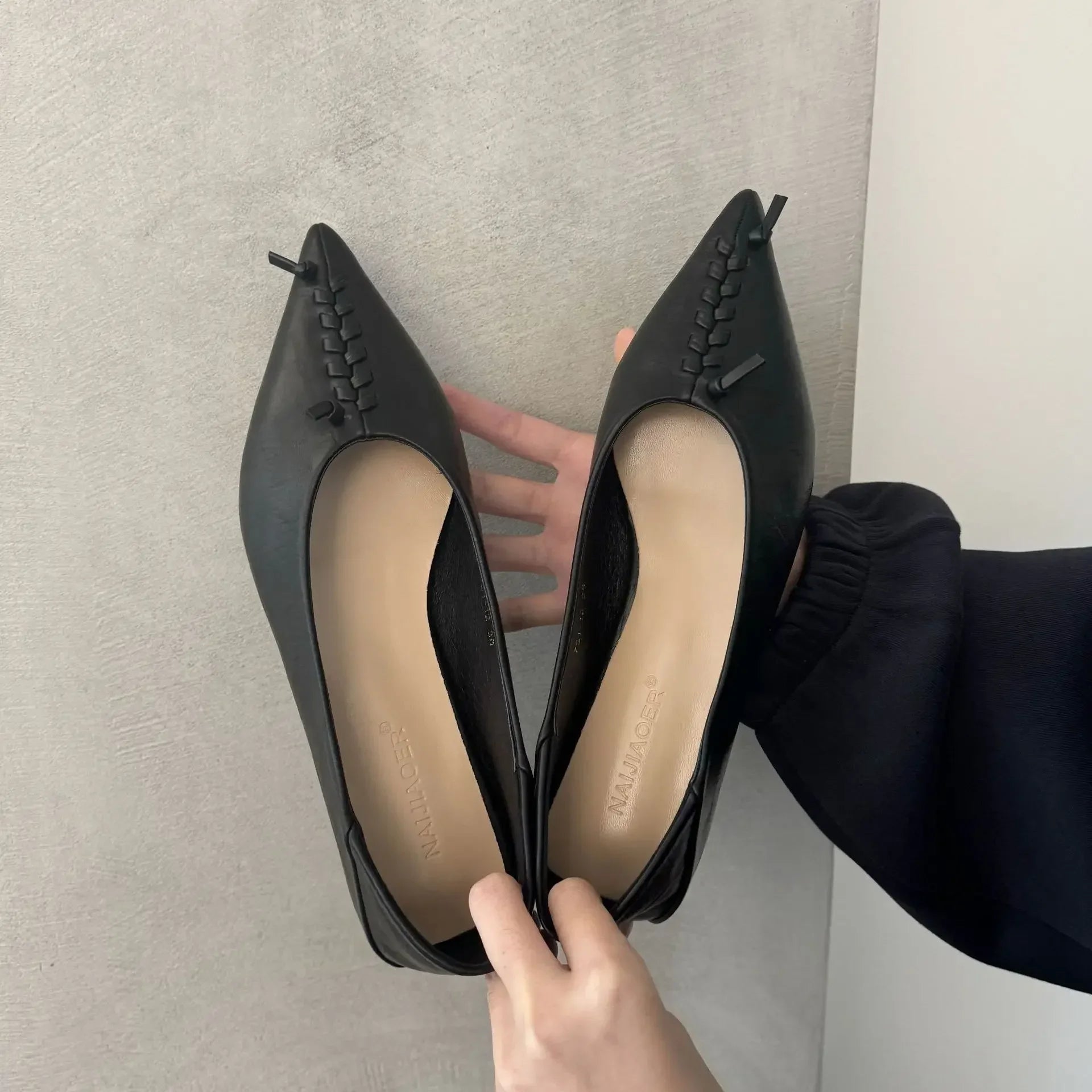 LIZAKOSHT  -  Elegant Soft Leather Flat Heel Shoes Spring New Arrival Solid Color Pointed Toe Low Heel Flat Foot Women's Sandals Single