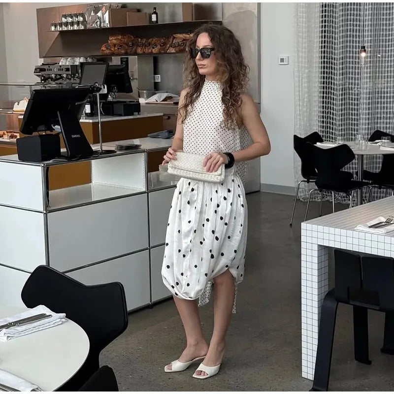 LIZAKOSHT  -  Dot Print Skirts Suits Women Halter Lace Up Sleeveless Irregular Sets Female 2025 Summer Fashion Chic Elastic Waist Street Set