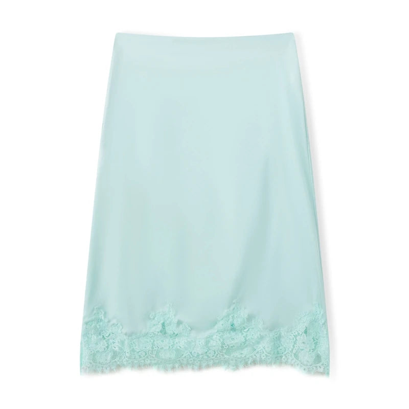 LIZAKOSHT  -  Women Satin Lace Trim Maxi Skirt Silk Lace Patchwork Silk High Waist Midi Skirt Lady Flowy Work Half Slip Long Skirt