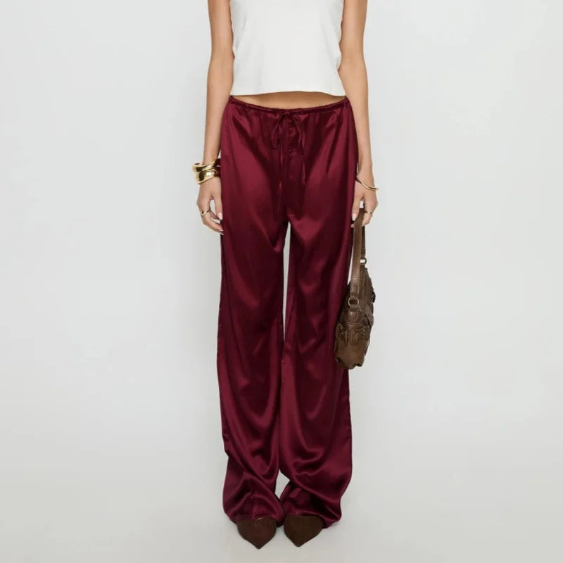 LIZAKOSHT  -  Women Satin Wide Leg Dress Pants Silk Casual Dressy Long Flowy Pants Elastic High Waisted Trousers