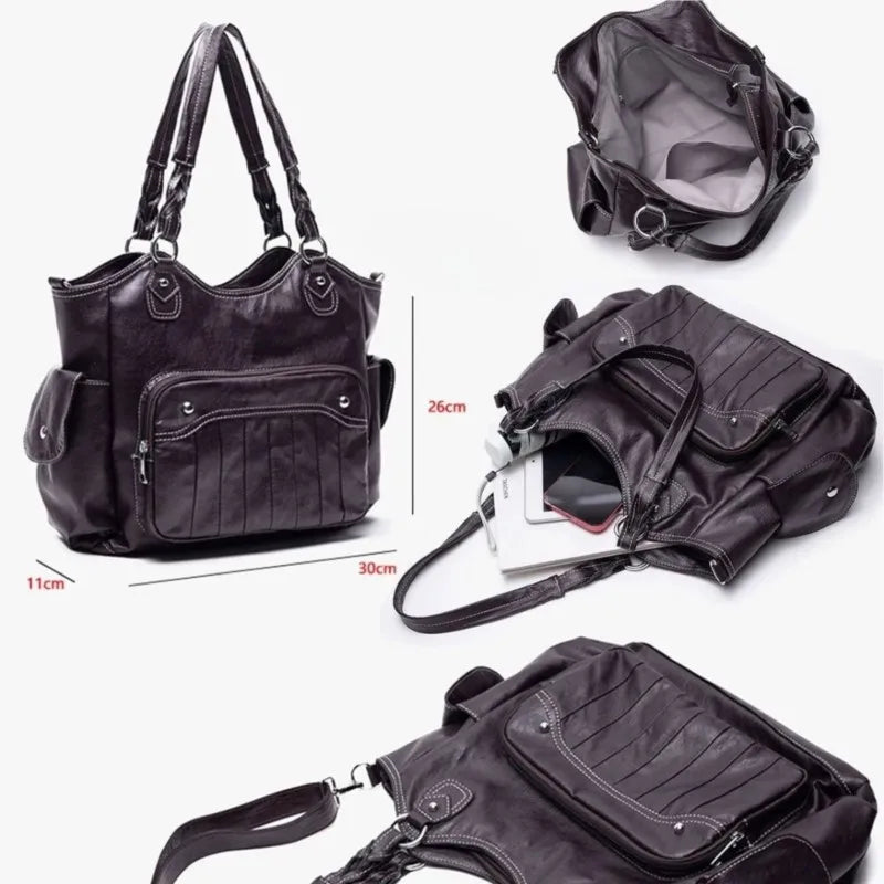 LIZAKOSHT  -  Retro Mulard Coffee Tote Bag Women PU Leather Large Capacity Shoulder Bag Ladies Harajuku Commute Versatile Underarm Bag