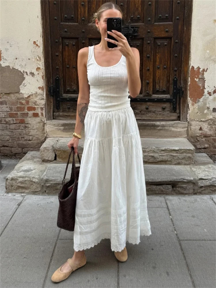 LIZAKOSHT  -  White High Waist Lace Long Skirt Female Pleated Casual Basic Summer Solid Loose Elegant Maix Skirt Women's Clothes Femme