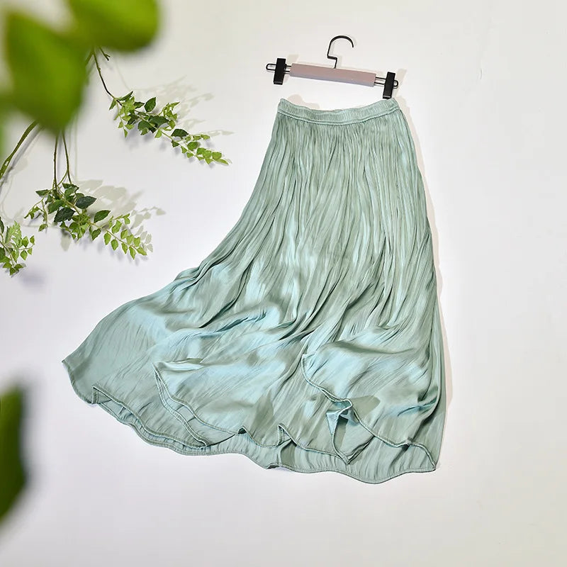 LIZAKOSHT  -  Summer Silky Elastic High Waist Glossy Silky Long Skirt Milk Silk A-line Long Skirts Women Beach Pearlescent Dress