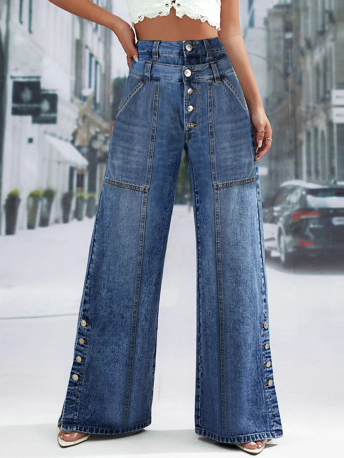 LIZAKOSHT  -  High Waist Wide Leg Jeans Women Fashion High Waist Button Wide Leg Long Pants Loose Slimming Straight Trendy Long Pants 2025