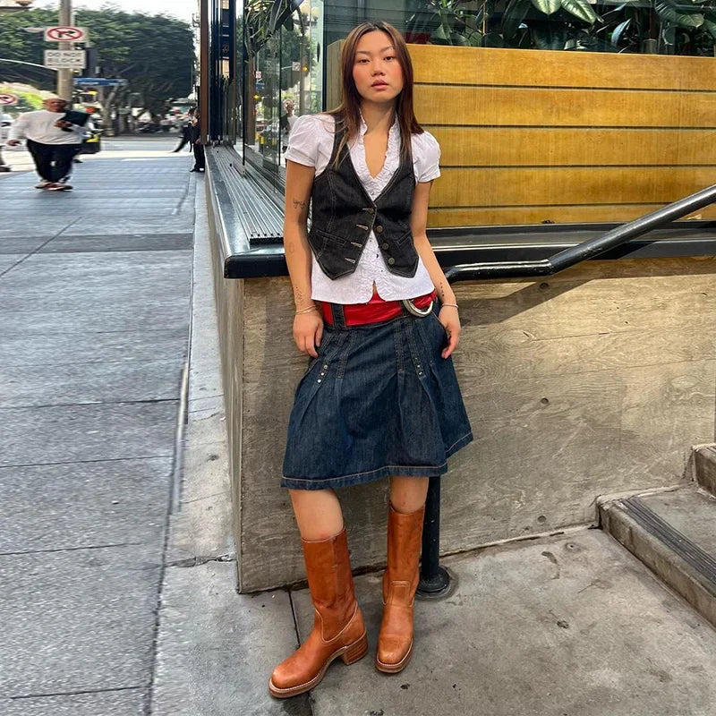 LIZAKOSHT  -  Women's Crop Denim Vest Y2k V-neck Sleeveless Single Breasted Short Female Waistcoat 2025 Spring Summer Lady Street Tops