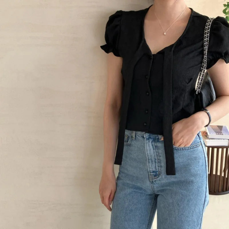LIZAKOSHT  -  Women Shirts Casual Slim V-Neck Puff Sleeve Lace-up Solid Cardigan Fashion Sweet Style Chic High Waist Short Blouses Streetwear