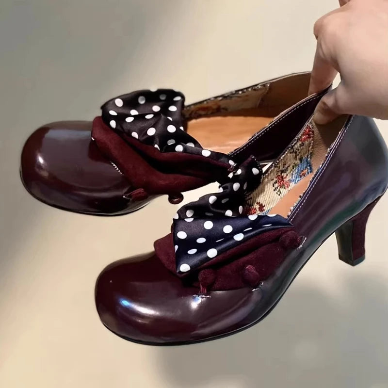LIZAKOSHT  -   Retro Burgundy Women Pumps Novelty Polka Dot Design Elegant Dress Heels for Ladies Comfortable Round Toe Designer Lolita Shoes
