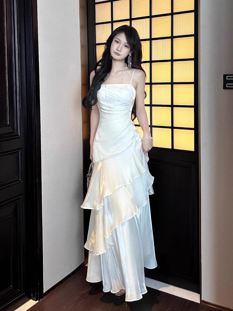 LIZAKOSHT  -  Women Spring Summer French Spaghetti Strap Long Dresses Elegant Female Slim Chic Party  Prom Robe  Fashion One Piece Clothing