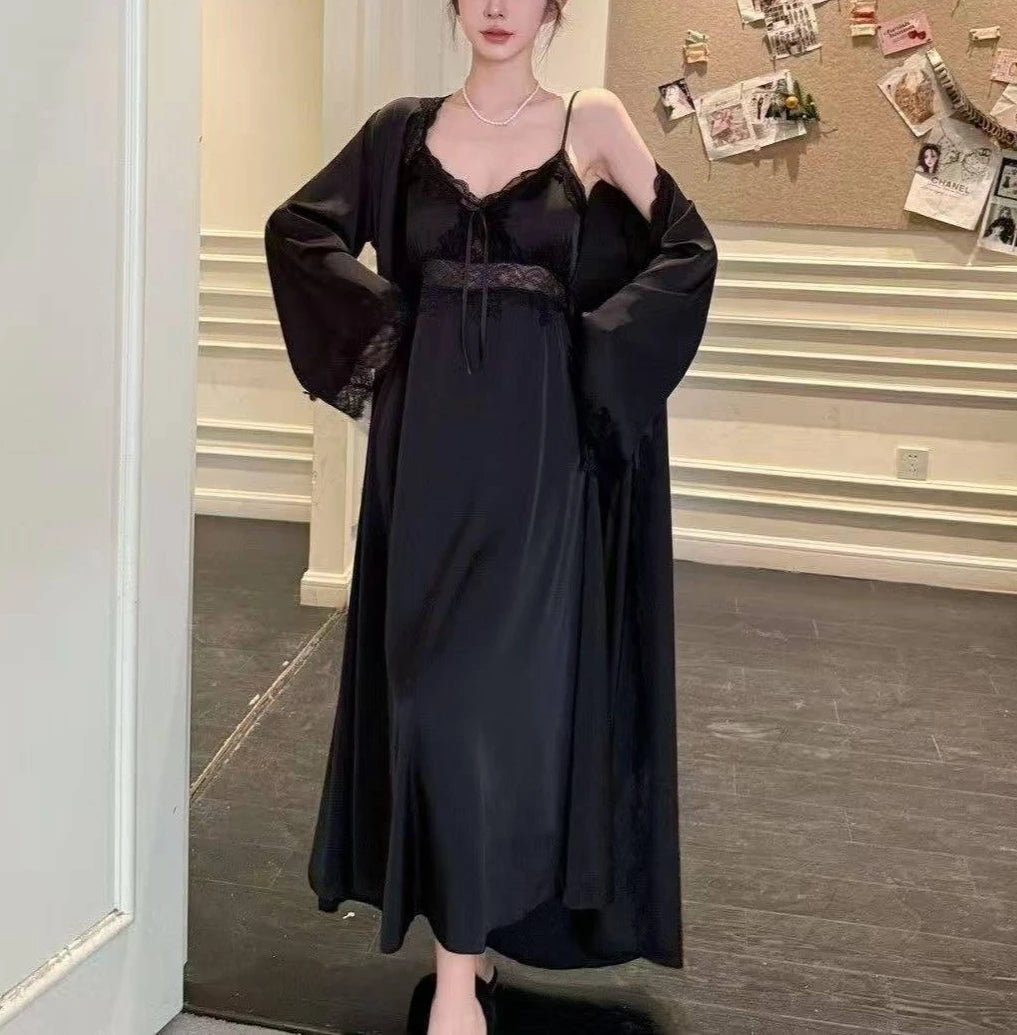 LIZAKOSHT  -  French Elegant Women Nightgown 2 Piece Set Princess Suspender Midi Dress with Soft Cardigan Comfortable Solid Home Loungewear