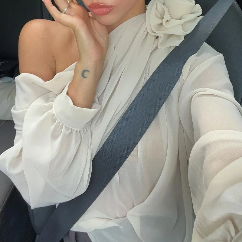 LIZAKOSHT  -  Sexy Elegant Irregular Oblique-neck Rose Flower Applique T Shirt Summer Off Shoulder Long Sleeve Crop Tops Street Mesh Tees