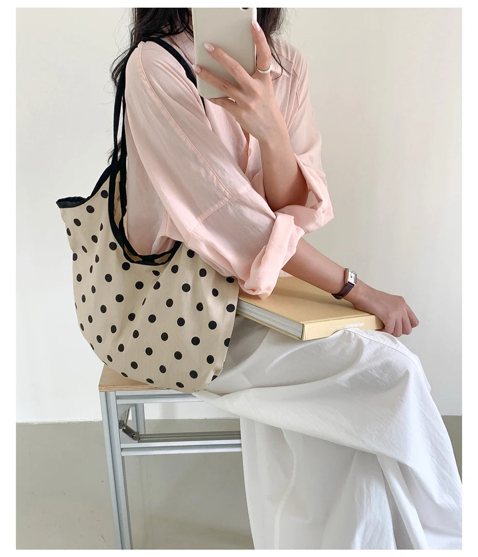 LIZAKOSHT  -  Fashion Wave Dot Shoulder Bag Versatile Large Capacity Commuter Tote Bags Casual Cotton Handbag