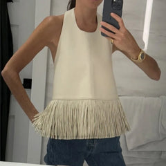 LIZAKOSHT  -  Women's Elegant O-neck Tassel Splicing Vest Fashion Commute High Waist Summer Tank Tops Casual Street Solid PU Leather Blouses