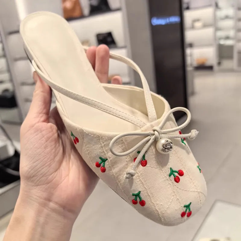 LIZAKOSHT  -  Sliver leather bowtie slippers women Square Toe flower embroider sandals low heel outdoor summer pantuflas mujer big size 43