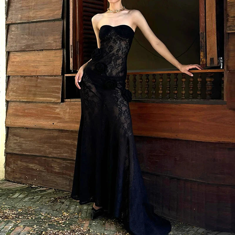 LIZAKOSHT  -  Summer Lace Strapless 3D Flowers Appliques Long Sleeveless Prom Club Dress See Through Sexy Solid Sheath Dress Vestidos