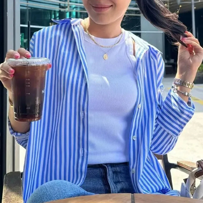 LIZAKOSHT  -  Women Single-Breasted Button Full Sleeve Loose Leisure Blouses Casual Tops Autumn Lapel Blue White Striped Print Shirt