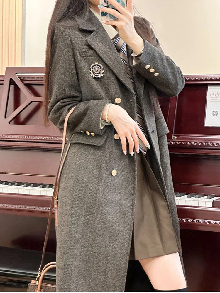LIZAKOSHT  -  Women Retro Midi Blazer Fall Winter Preppy Button Patchwork Elegant Suit Coats Grey Long Sleeve Vintage Student Sweet New Jacket