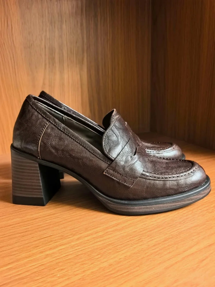 LIZAKOSHT  -  Fashion Shoes New High Quality Genuine Leather Shoes Round Head Coarse Heels High Heels Loafers Shoes Lolita Shoes Women