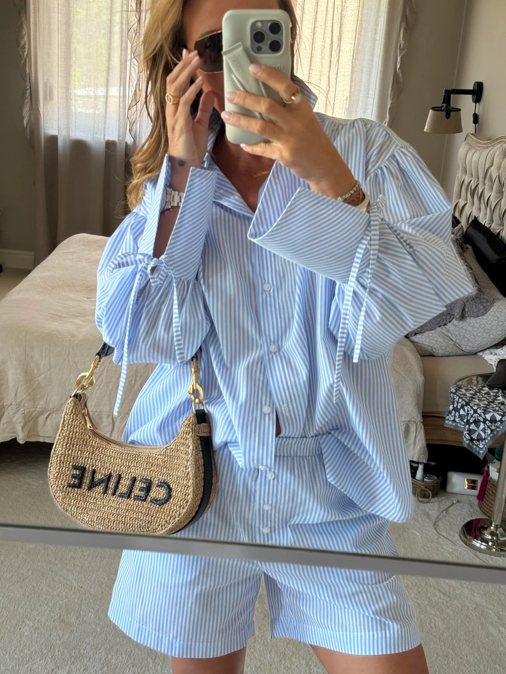LIZAKOSHT  -  Casual Short Women Lapel Single-breasted Shirt Straight Wide-leg Shorts Fashion Loose Two Pieces Set Women Vacation Lady Outfit