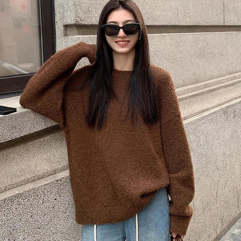 LIZAKOSHT  -  Vintage Brown Knit Sweater Women Autumn Winter Loose Casual Lazy Wind Pullovers Streetwear Harajuku Baggy Long Sleeve Jumpers